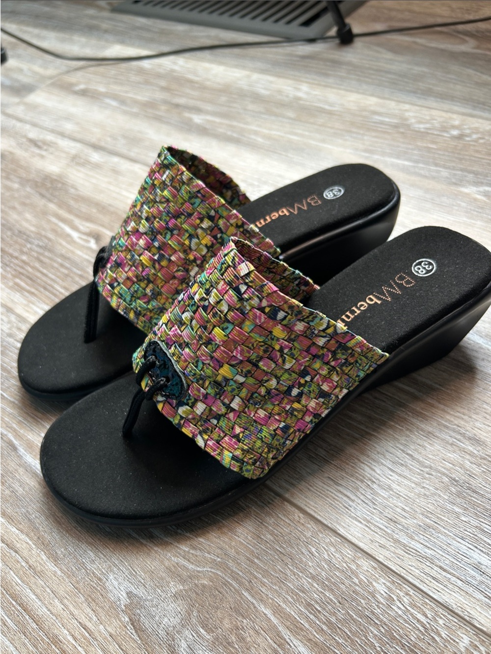BM Bernie Mev. Multicolor Woven Thong Mules with Black Footbed